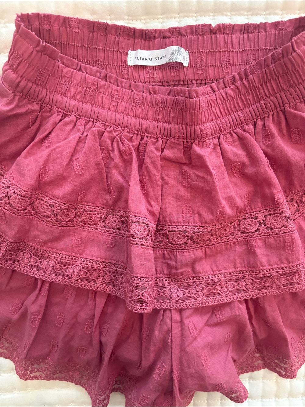 Altar'd State Rose Pink Tiered Lace Skirt with built in shorts